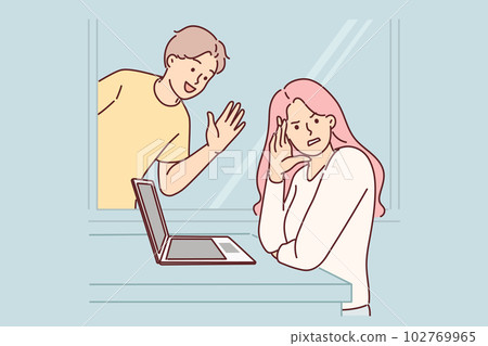 Woman ignores annoying man stalker who wants to start romantic relationship or inviting on date Woman ignores annoying man stalker who wants to start romantic relationship or inviting on date 102769965