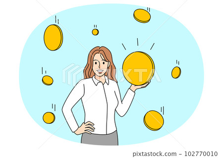 Successful woman holding coins show work success Successful woman holding coins show work success 102770010