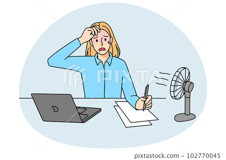 Tired woman work under ventilator in office 102770045