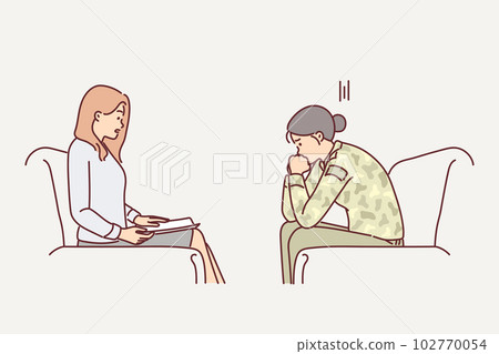 Woman military soldier with psychologist helping to get rid psychological problems received in army 102770054