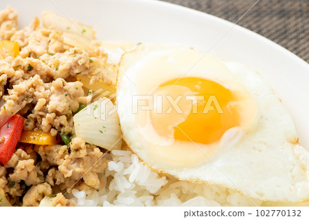 gapao rice-style rice 的特寫鏡頭，使用歐芹代替 gapao（聖羅勒）。 102770132