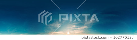 Sunset sky panorama with bright glowing pink Cirrus clouds. HDR 360 seamless spherical panorama. Full zenith or sky dome for 3D visualization, sky replacement for aerial drone panoramas. Sunset sky panorama with bright glowing pink Cirrus clouds. HDR 360 seamless spherical panorama. Full zenith or sky dome for 3D visualization, sky replacement for aerial drone panoramas. 102770153