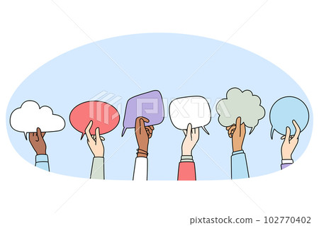Multiethnic people hold speech bubbles communicate online Multiethnic people hold speech bubbles communicate online 102770402