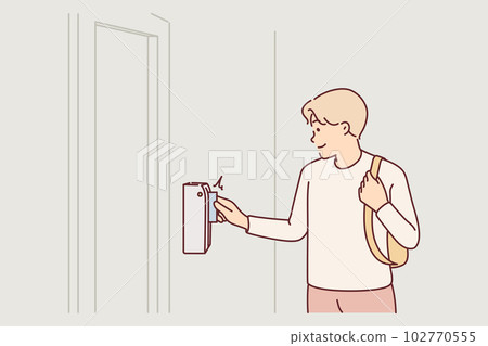 Man uses key-card to open door to gain access to back room in office or business center Man uses key-card to open door to gain access to back room in office or business center 102770555