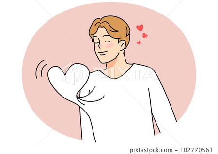 Young man with heart beating in chest Young man with heart beating in chest 102770561