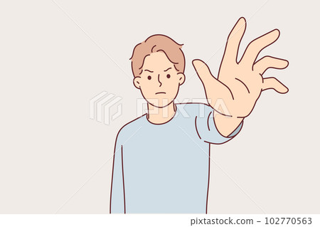 Angry man reaches out to screen in attempt to take something away from or to stop harmful actions 102770563