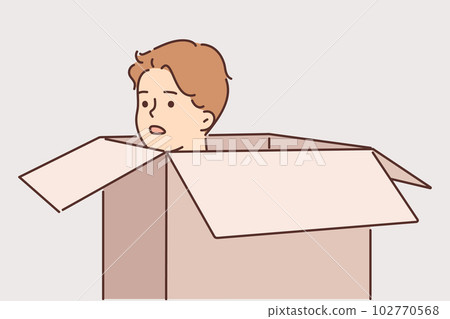 Frightened man hides in carton box trying to avoid meeting offender or unpleasant person 102770568