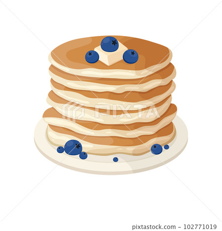 Pancakes with blueberries on the plate. Stacks of tasty pancakes with butter and berries. Breakfast vector illustration 102771019