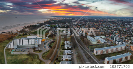 Aerial view of the Parnu city in Estonia. Small resort town by the sea. 102771703
