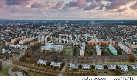 Aerial view of the Parnu city in Estonia. Small resort town by the sea. 102771711