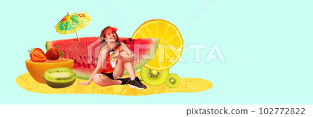 Summer vitamins. Happy, smiling girl sitting over mint colored background with watermelon, kiwi, strawberries and citrus. Contemporary art collage 102772822