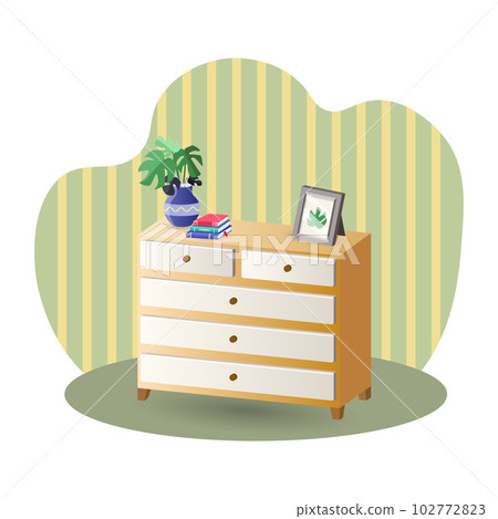 Chest illustration. Vase, commode, books, photo frame, houseplant. Editable vector graphic design. 102772823