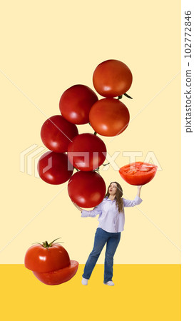 Young woman holding many tomatoes over yellow background. Following healthy diet with vegetables. Contemporary art collage Young woman holding many tomatoes over yellow background. Following healthy diet with vegetables. Contemporary art collage 102772846