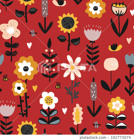 Cute hand drawn flowers, hearts, and birds on red background. Vector seamless pattern. Nursery or rustic Scandinavian style. 102773074