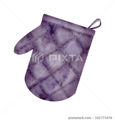 Watercolor oven mitt illustration. Hand drawn purple potholder isolated on white background. Kitchenware utensil for recipe book, menu design. Cooking equipment. Hot pan holder glove clipart. 102773476
