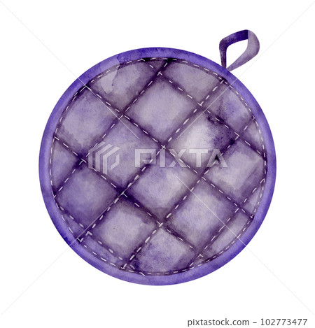 Watercolor round potholder illustration. Hand drawn purple oven mitt isolated on white background. Kitchenware utensil for recipe book, menu design. Cooking equipment. Hot pan holder clipart. 102773477