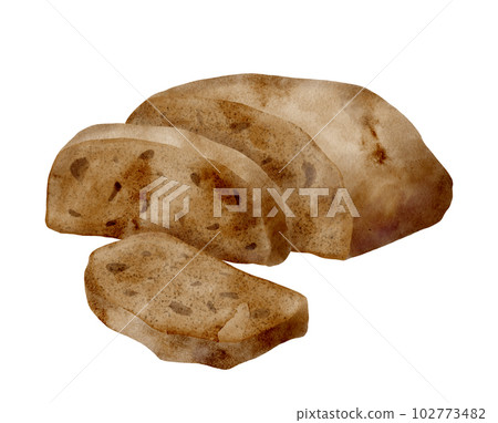 Watercolor loaf of bread illustration. Hand drawn brown sliced rye bread isolated on white background. Baking recipes. Fresh pastry goods for menu, cookbook, cafe, bakery. Watercolor loaf of bread illustration. Hand drawn brown sliced rye bread isolated on white background. Baking recipes. Fresh pastry goods for menu, cookbook, cafe, bakery. 102773482