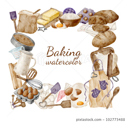 Watercolor baking tools and ingredients frame. Hand drawn square border pastry template with copy space isolated on white background. Cooking utensils, bread, eggs, dough, whisk, apron, spatula. 102773488
