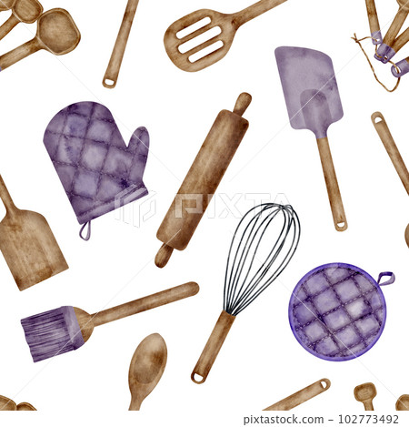 Watercolor baking utensils seamless pattern. Hand drawn rolling pin, mixing spoon, pastry brush, oven mitt, whisk, spatula isolated on white. Cooking tools background. Bakery kitchenware illustration. Watercolor baking utensils seamless pattern. Hand drawn rolling pin, mixing spoon, pastry brush, oven mitt, whisk, spatula isolated on white. Cooking tools background. Bakery kitchenware illustration. 102773492