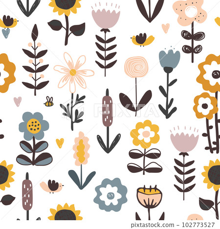 Cute hand drawn flowers, hearts, and birds seamless pattern. Nursery or rustic background in Scandinavian style, pastel palette. 102773527