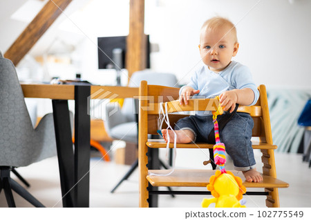 Happy infant sitting and playing with his toy in traditional scandinavian designer wooden high chair in modern bright atic home. Cute baby Happy infant sitting and playing with his toy in traditional scandinavian designer wooden high chair in modern bright atic home. Cute baby 102775549