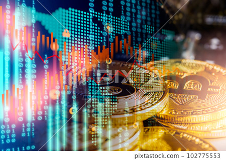 Modern way of exchange. Bitcoin is convenient payment in global economy market. Virtual digital currency and financial investment trade concept. Abstract cryptocurrency with gold bitcoin background.. 102775553