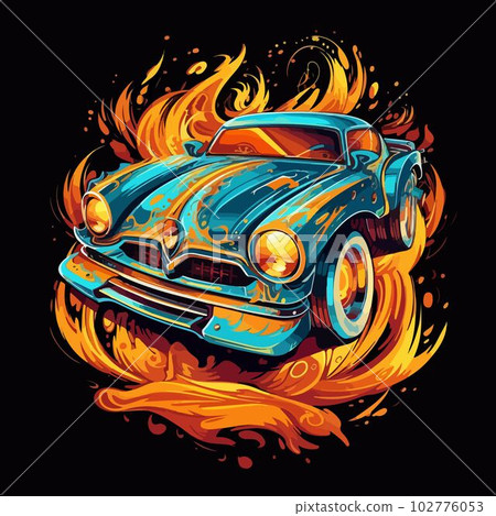 Retro car racing in a flame of fire on a dark background. For your design 102776053