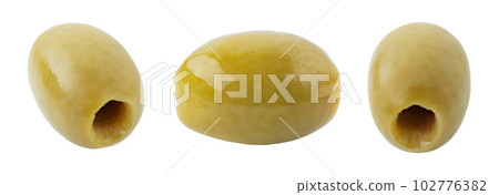 Pitted canned olives isolated on white background. File contains clipping path. 102776382