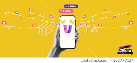 Trending collage banner. With the hand that holds the phone. Advertising attracts subscribers. Blogger. Smm marketing. Attracting users. The sales funnel. Vector illustration Trending collage banner. With the hand that holds the phone. Advertising attracts subscribers. Blogger. Smm marketing. Attracting users. The sales funnel. Vector illustration 102777124
