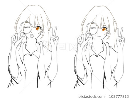 一個可愛的女孩做 V 手勢的插圖(3) 一個可愛的女孩做 V 手勢的插圖(3) 102777813