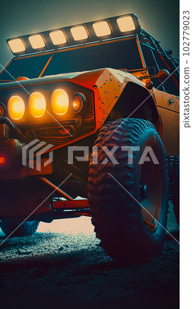 Close-Up of Vibrant Orange and Cyan Lit 4x4 Vehicle 102779023