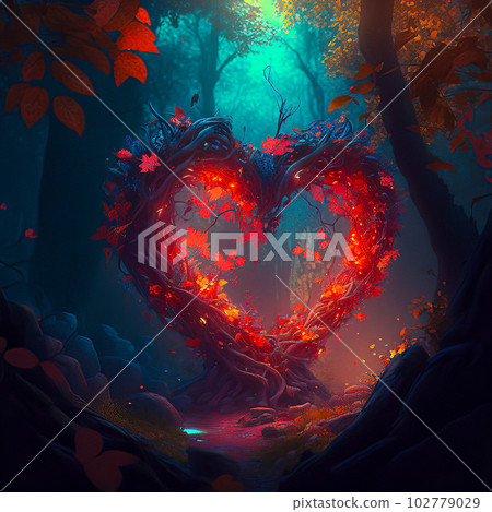 An Enchanting Heart-Shaped Tree with Glowing Red Leaves in the Forest An Enchanting Heart-Shaped Tree with Glowing Red Leaves in the Forest 102779029