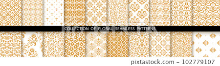 Geometric floral set of seamless patterns. White and gold vector backgrounds. Damask graphic ornaments Geometric floral set of seamless patterns. White and gold vector backgrounds. Damask graphic ornaments 102779107