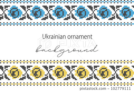 Ukrainian vector background, banner, poster with roses.Traditional folk, ethnic ornament. Background in yellow and blue Ukrainian flag colors. Pixel art, vyshyvanka, cross stitch 102779111