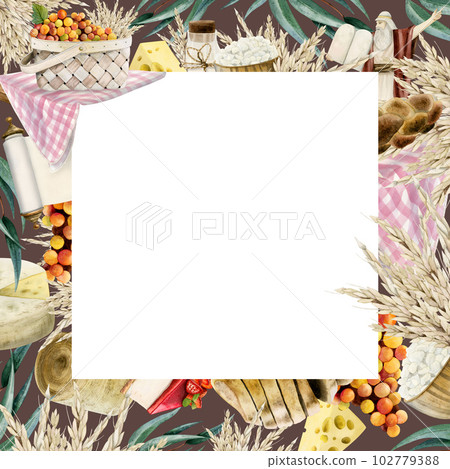 Shavuot holiday square frame template with symbols and food. Watercolor illustration isolated on white with copy space. 102779388
