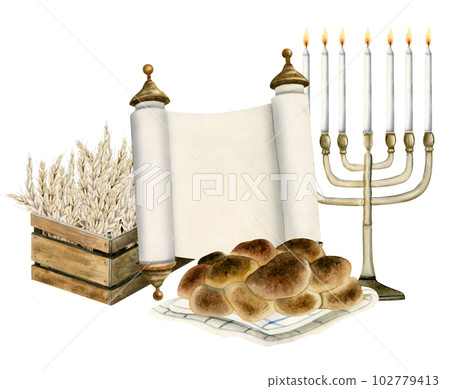 Watercolor Shavuot greeting card template with wooden box of wheat harvest, Torah scroll, challah and menorah 102779413