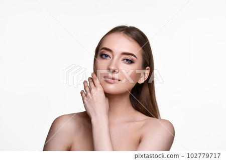 woman touching and enjoy perfect skin on white background woman touching and enjoy perfect skin on white background 102779717