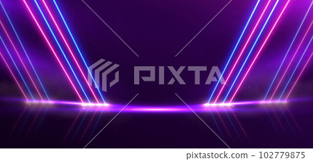 Abstract blue and pink neon diagonal glowing on dark purple background with sparkle. 102779875