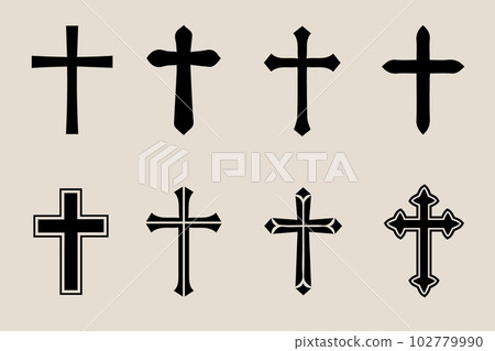 Decorative crucifix religion catholic symbol, Christian crosses. orthodox faith church cross icons design, isolated flat set 102779990