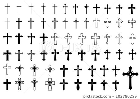 Decorative crucifix religion catholic symbol, Christian crosses. orthodox faith church cross icons design, isolated flat set 102780259
