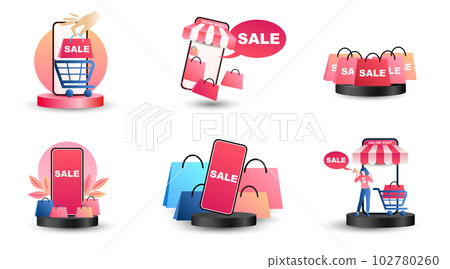 Online shopping icons set for website, application, digital marketing, sale promotion, store on screen smartphone showing icon 3d display 102780260