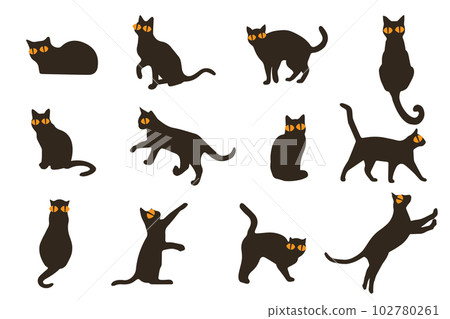 Set vector silhouettes of the cat, different poses, standing, jumping and sitting, black color, isolated on white background. vintage cats icons. Set vector silhouettes of the cat, different poses, standing, jumping and sitting, black color, isolated on white background. vintage cats icons. 102780261