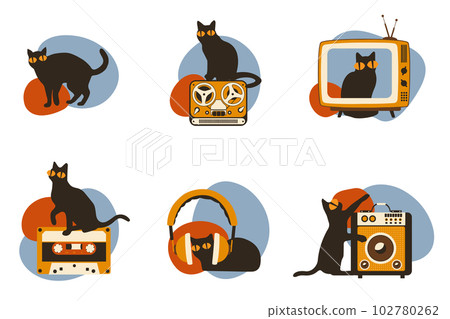 Set vector silhouettes of the cat with retro media icon, different poses on white background, Cute and funny vector. 102780262