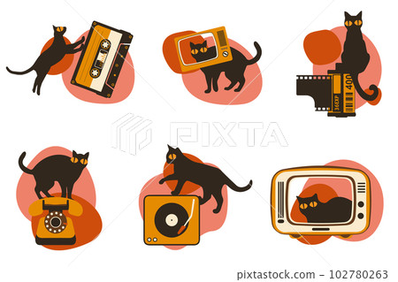Set vector silhouettes of the cat with retro media icon, different poses on white background, Cute and funny vector. Set vector silhouettes of the cat with retro media icon, different poses on white background, Cute and funny vector. 102780263
