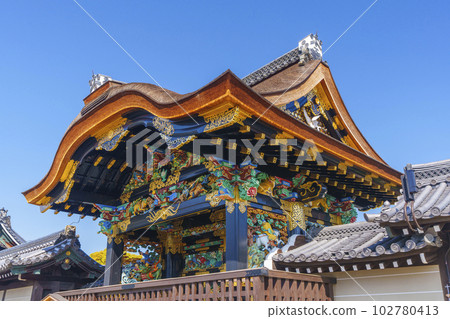 Karamon gate of Hongan-ji Temple with beautiful colors that shine against the blue sky (restored) 102780413