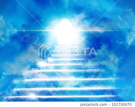 Fantastic near-death experience illustration with cloud stairs leading to heaven and heavenly light Fantastic near-death experience illustration with cloud stairs leading to heaven and heavenly light 102780870