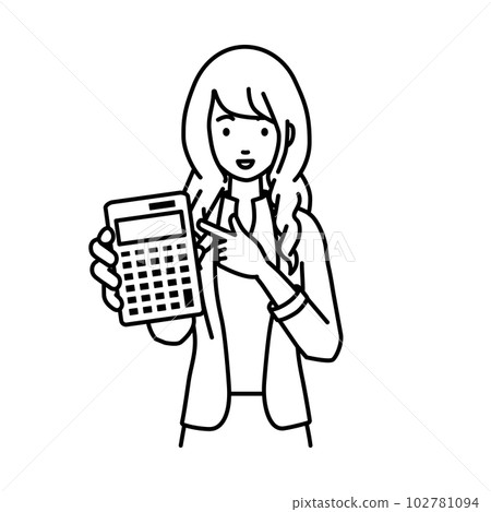 A woman in a jacket standing and pointing at a calculator 102781094