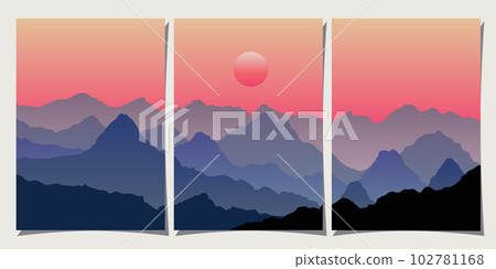 Set of creative abstract mountain landscape and mountain range backgrounds. Minimalist posters with gradient for print, canvas, wall arts, decoration. Set of creative abstract mountain landscape and mountain range backgrounds. Minimalist posters with gradient for print, canvas, wall arts, decoration. 102781168