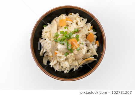 雞肉和牛蒡煮熟的米飯 102781207
