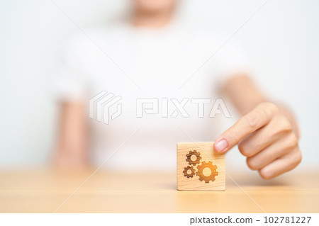 hand hold gear block with business goal, strategy, teamwork, target, mission, action, objective, brainstorming  and success concept 102781227